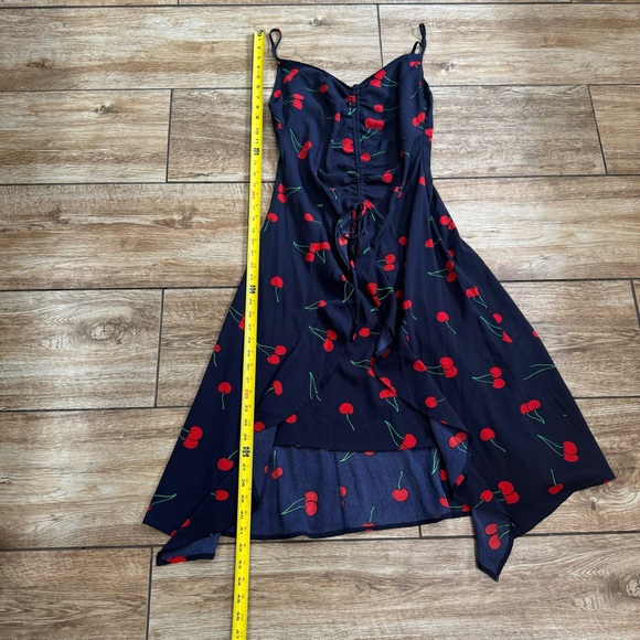 Aqua Cherry print Midi Blue Dress Size Small Red Blue Ruffle Clinch front Dress - Picture 14 of 16
